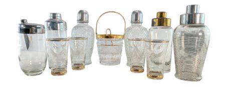 VINTAGE/20TH CENTURY GLASS COCKTAIL SHAKERS, GLASSES & ICE BUCKET
