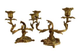 PAIR OF FRENCH ROCOCO STYLE GILDED METAL TWIN ARM CANDLESTICKS
