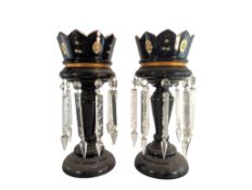 TWO 19TH CENTURY BLACK GLASS MANTLE LUSTERS WITH FLORAL DETAIL AND GILT ACCENTS