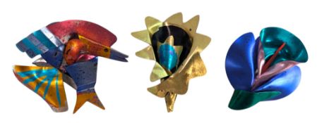 GEOFF ROBERTS - THREE PAINTED FOIL & ACRYLIC BROOCHES