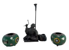 19TH/20TH CENTURY JAPANESE BRONZE FIGURINE OF A MERCHANT MAN & TWO CLOISONNE POTS