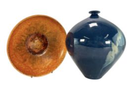 ROYAL LANCASTER FLAMBE ORANGE BOWL & MID CENTURY STUDIO ART POTTERY BLUE VASE