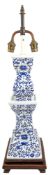 20TH CENTURY CHINESE BLUE & WHITE SQUARE PRICKET CANDLESTICK TABLE LAMP