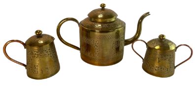 A 20TH CENTURY THREE PART COPPER AND BRASS INDIAN COFFEE SERVICE