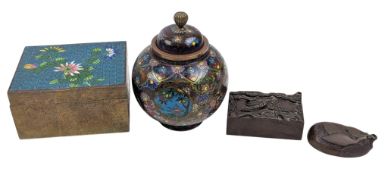 TWO EARLY 20TH CENTURY CLOISONNE PIECES & TWO JAPANESE BRONZE WATER DROPPERS