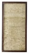 EARLY 18TH CENTURY 1730 NEEDLEPOINT SAMPLER BY SARAH BRAFFETT, AGED 7/8