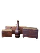 COLLECTION OF 19TH CENTURY WORK BOXES. CADDIES & COPPER & OAK BOTTLE