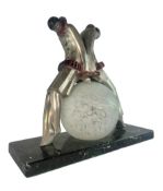 ART DECO 'EXE' PATINATED ALUMINIUM & MARBLE PIERROT TABLE LAMP WITH FROSTED SHADE