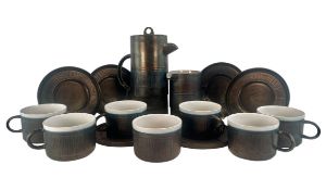 TROIKA ST IVES BY BENNY SIROTA - BRONZED GLAZE POTTERY SIX-PERSON COFFEE SET