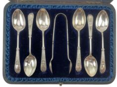 CASED VICTORIAN HALLMARKED SILVER TEASPOONS & SUGAR TONG SET