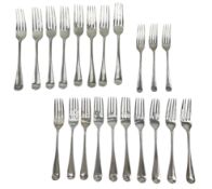 15 PIECES OF GEORGE III HALLMARKED SILVER TABLE FORKS & SIX SILVER FISH / DESSERT FORKS