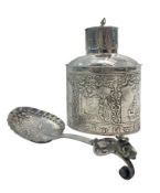 TWO CONTINENTAL DUTCH IMPORT PIECES INCLUDING SILVER CADDY AND SPOON, LONDON