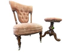 VICTORIAN 19TH CENTURY MAHOGANY PIANO STOOL & NURSING CHAIR