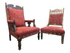 LADIES & GENTLEMEN'S FIRESIDE 19TH CENTURY VICTORIAN PEDIMENT CHAIRS
