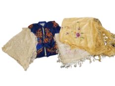 20TH CENTURY CHINESE SILK PIANO SHAWLS, EMBROIDERED JACKET, & LACE SHAWL