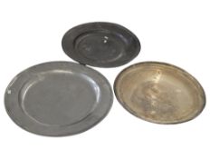 THREE 19TH CENTURY METAL PEWTER CHARGER PLATES
