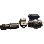 LATE 20TH CENTURY CANON AE-1 FILM CAMERA, WITH A TAMRON 2 LENS & CANON SPEEDLITE FLASH