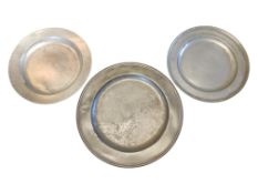 THREE 18TH CENTURY PEWTER CHARGERS