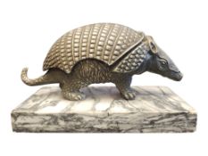 19TH CENTURY NOVELTY PEWTER ARMADILLO INKWELL RAISED ON A RECTANGULAR MARBLE BASE