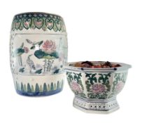 20TH CENTURY CHINESE POLYCHROME DECORATED GARDEN STOOL & A PLANTER