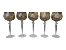 FIVE 20TH CENTURY VINTAGE AMBER GLASS HOCK GLASSES
