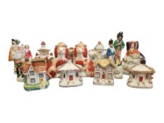 COLLECTION OF 19TH CENTURY STAFFORDSHIRE CERAMIC FLATBACK FIGURES, PASTILLE BURNERS, ETC
