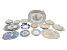 LARGE COLLECTION OF 19TH CENTURY BLUE & WHITE TRANSFER PRINT & FLOW WARE PLATES