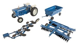 DIECAST - VINTAGE ERTL FORD TRACTOR WITH PLOUGHING ACCESSORIES