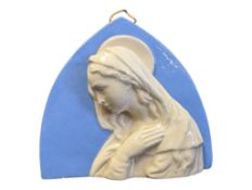 1894 ITALIAN RELIEF BLUE & WHITE CERAMIC PLAQUE OF MADONNA