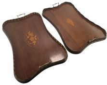 TWO EDWARDIAN MAHOGANY INLAID GALLERY EDGE BUTLER'S TRAYS