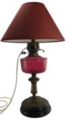 19TH CENTURY VICTORIAN OIL LAMP LIGHT WITH CRANBERRY GLASS