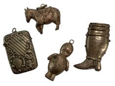 TWO 19TH CENTURY SILVER PLATED BABY RATTLES & TWO WHITE METAL VESTA CASES