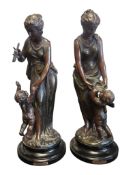 PAIR 19TH CENTURY FRENCH BRONZED SPELTER FIGURES - VENUS DISARMING CUPID / VENUS & CUPID