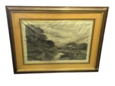 LARGE 19TH CENTURY ENGRAVING ON PAPER RIVER BANK SCENE