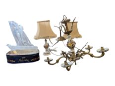 ITALIAN MID 20TH CENTURY FLORAL CERAMIC ENAMELLED CEILING LIGHT W/ PAIR OF TABLE LAMPS