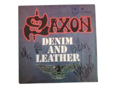 SAXON - SIGNED 1981 DENIM AND LEATHER LP VINYL RECORD