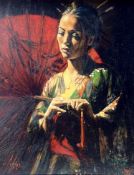 FABIAN PEREZ - MICHIKO RED UMBRELLA - LIMITED EDITION GICLEE PRINT ON CANVAS