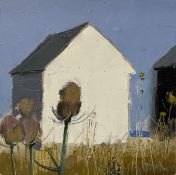 CORNISH CONTEMPORARY - THISTLE IN FRONT OF BEACH HUTS, 2008 - OIL ON BOARD