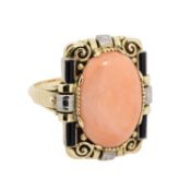 Art Déco Ring mit Koralle und Onyx, 