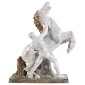 KARLSRUHER MAJOLIKA große Figurengruppe 'Rossebändiger', 1. H. 20. Jh.