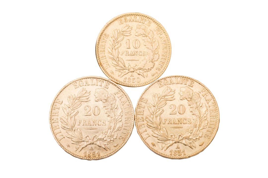 Frankreich - Kl. Lot / 2. Republik (1848-1852), 1x 10 Fr & 2x 20 Fr. 'Ceres' - Bild 2 aus 2