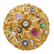 Brosche mit Farbedelsteinen, Perlen und Diamanten,