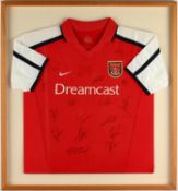 Arsenal FC - Signed 2001-2002 double winners shirt, featuring 17 autographs to the front in black