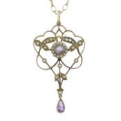 Early 20th century amethyst & split pearl pendant, with chain