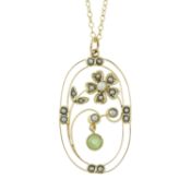 Early 20th century split pearl, seed pearl & peridot pendant, with chain