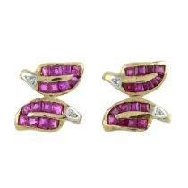 A pair of 9ct gold ruby & diamond leaf earrings