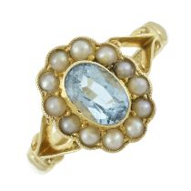 An early 20th century split pearl & aquamarine cluster ring