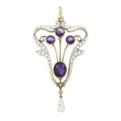 An Art Nouveau 9ct gold, amethyst, pearl, split pearl and enamel pendant