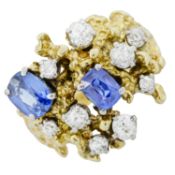 A mid 20th century gold, sapphire and old-cut diamond textured ring