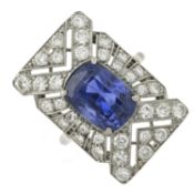 An Art Deco sapphire and diamond pierced geometric ring